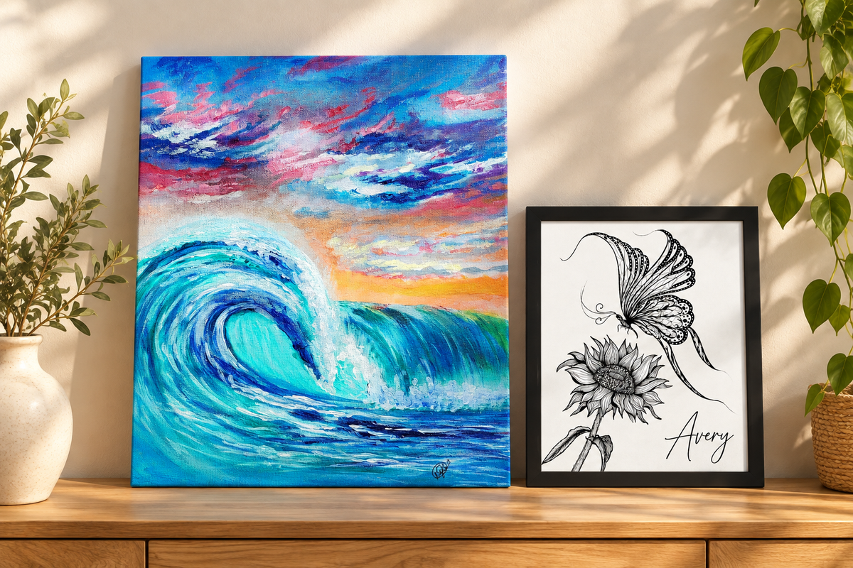 “Colorful Ocean Curls wave artwork displayed beside personalized black and white butterfly and sunflower wall art by Art by Kikajo.”