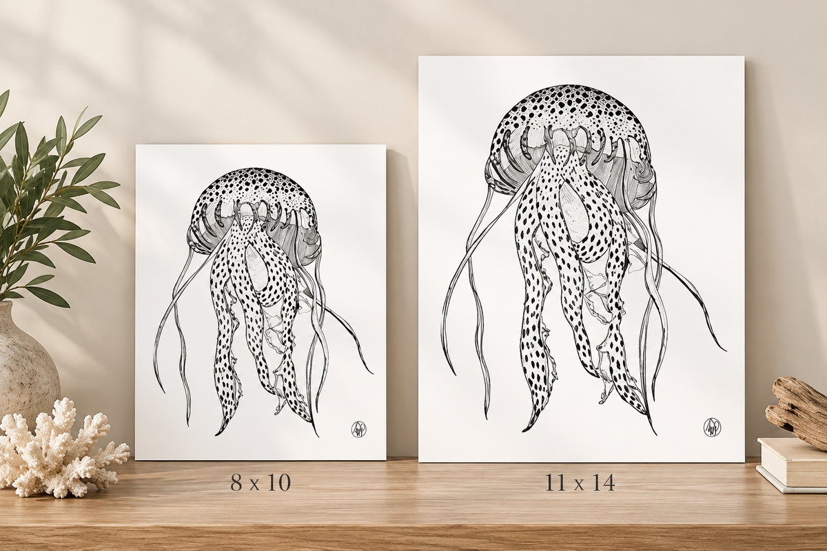 Two vertical wall art prints showing black-and-white jellyfish illustrations, displayed on a wooden surface against a beige wall with decorative plants and coral. The prints are labeled 8 x 10 and 11 x 14.