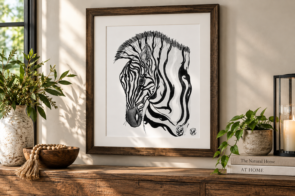 A framed black and white zebra art print hanging on a beige wall above a wooden console table, styled with plants, a bowl, and a candle in a warm, sunlit room.