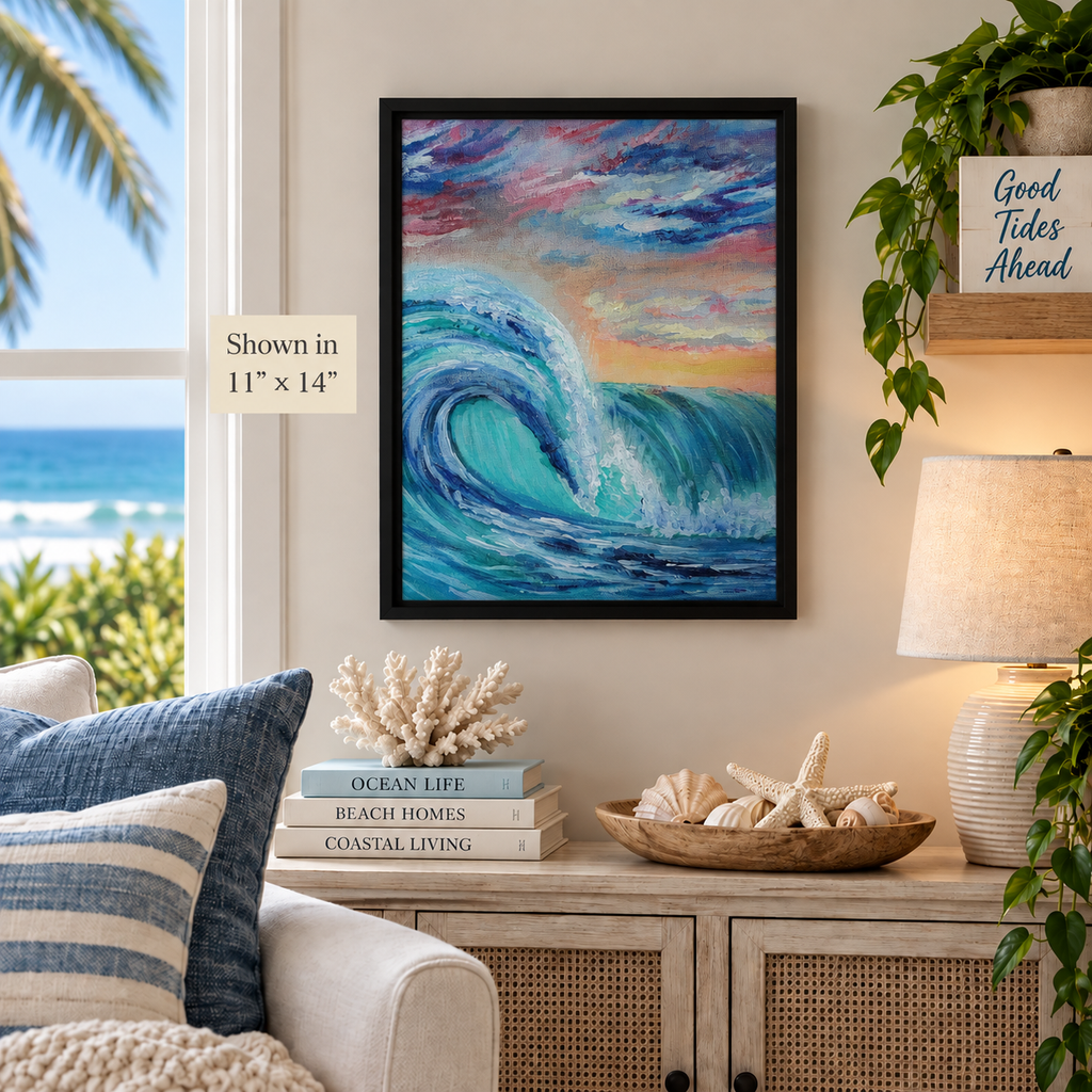 Framed canvas artwork titled Ocean Curls by Art by Kikajo, featuring vibrant ocean wave designs in a stylish frame.