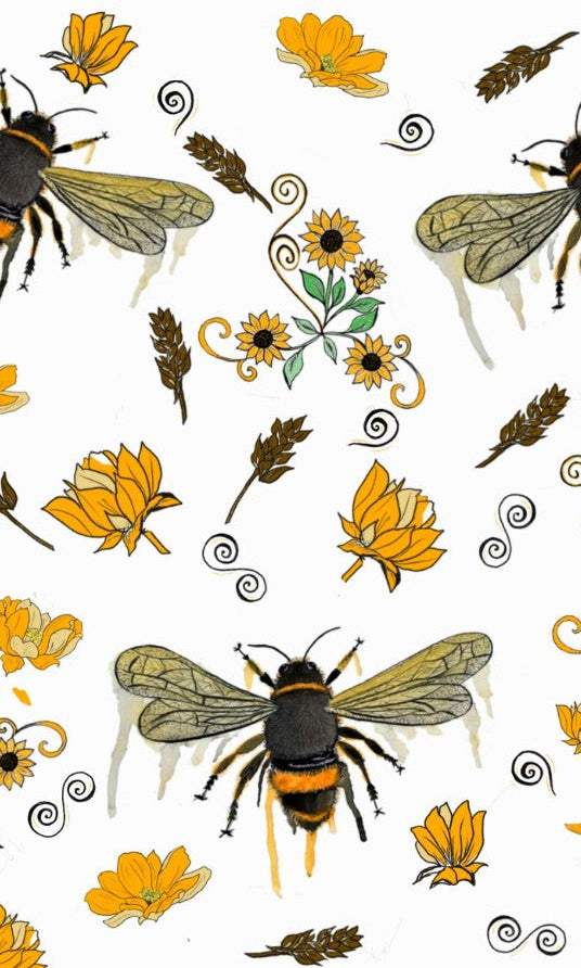 A repeating pattern sheet featuring three large bumblebees, yellow flowers, green leaves, and decorative swirls on a white background, shown within a digital design app interface.