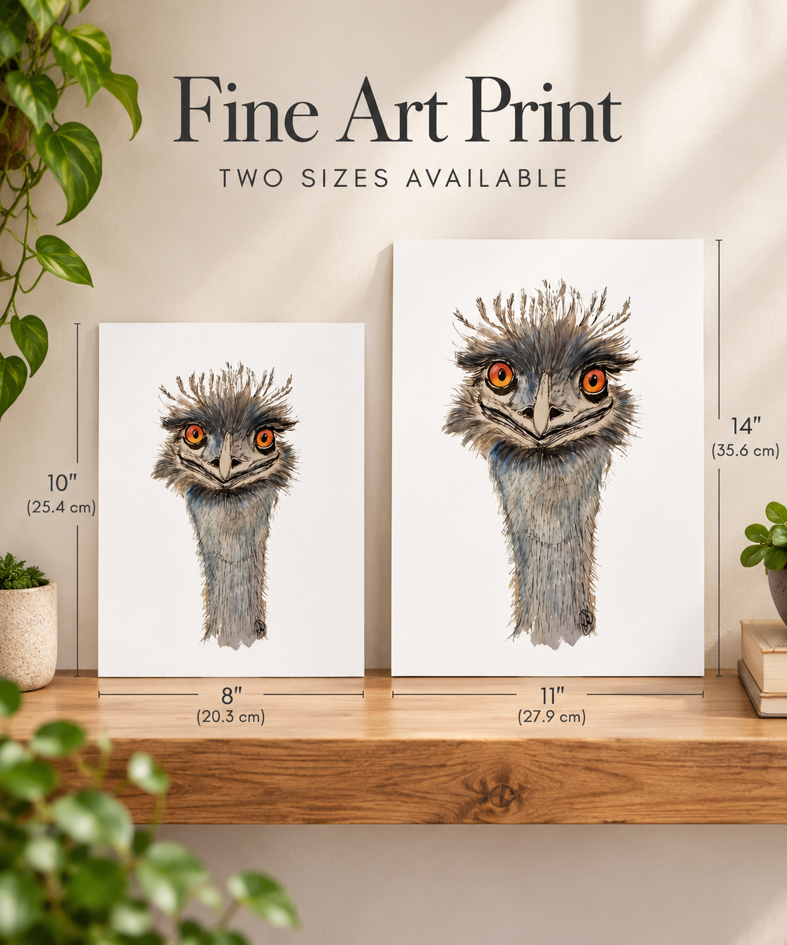 Two fine art prints of a bird illustration displayed on a wooden shelf, with size labels showing 8x10 inches and 11x14 inches. The print features a detailed gray and brown emu bird with bright orange eyes on a white background.