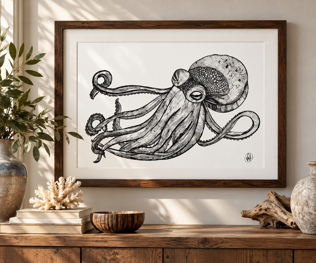 A framed black ink octopus illustration on a white background, displayed in a dark wood frame on a wooden console table with decorative plants, books, and driftwood.