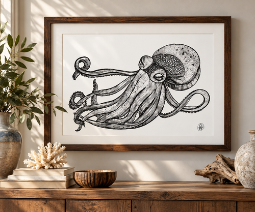 A framed black ink octopus illustration on a white background, displayed in a dark wood frame on a wooden console table with decorative plants, books, and driftwood.