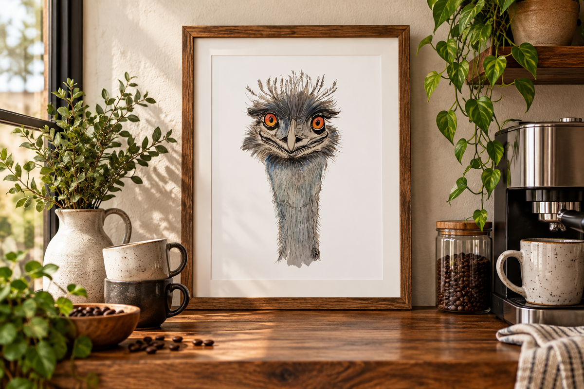 A framed art print featuring a detailed illustration of an emu head with bright orange eyes, displayed on a wooden countertop in a cozy kitchen setting with coffee mugs, plants, and a coffee machine.