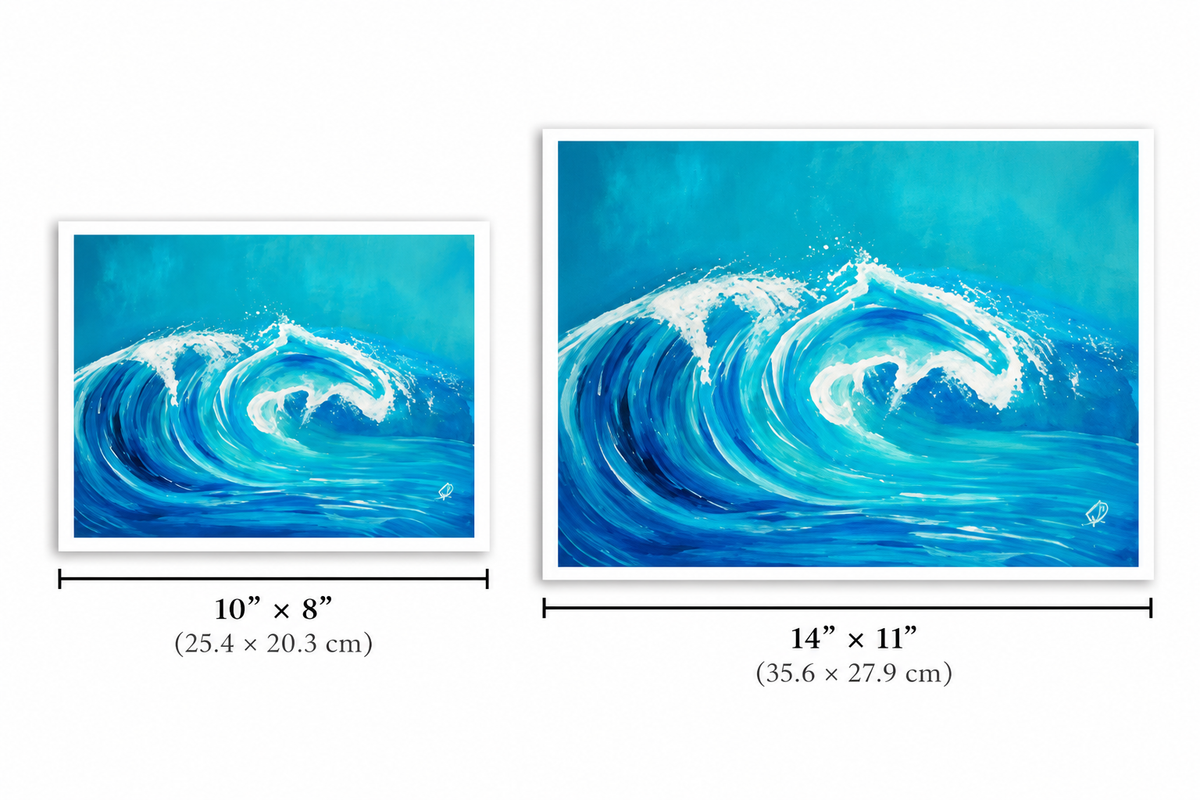 Two framed ocean wave art prints shown side by side on a white background, labeled 10 x 8 inches and 14 x 11 inches, with dimension lines and text underneath.