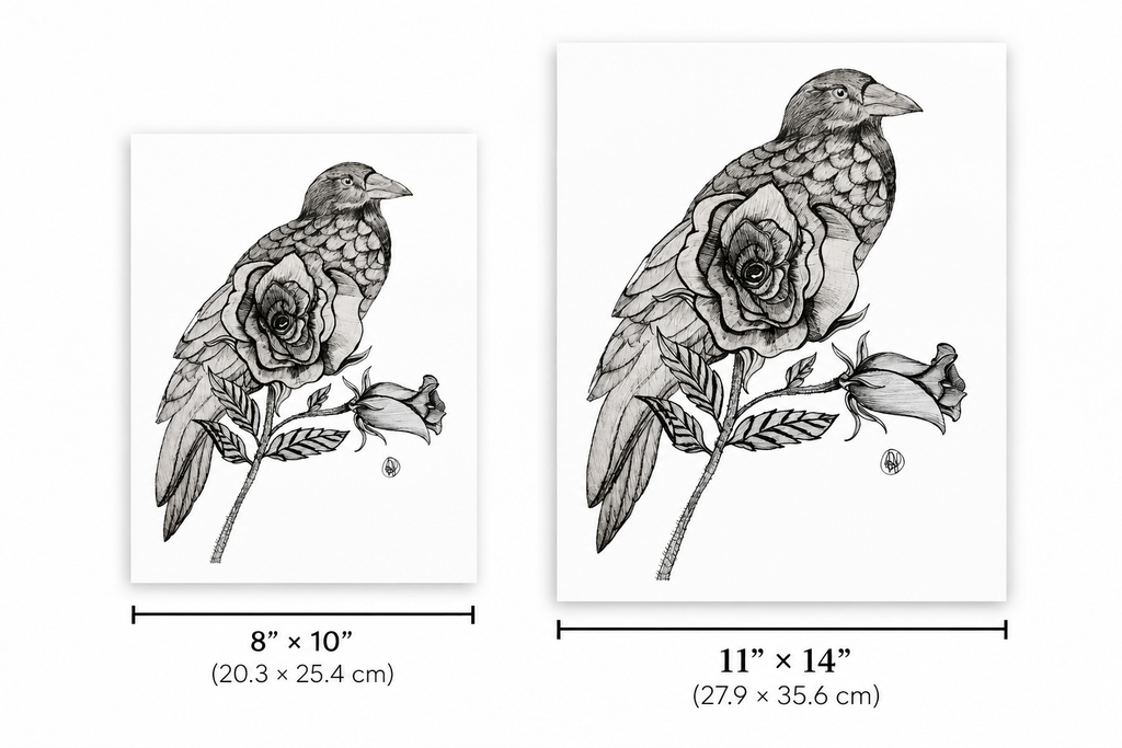 Two black-and-white art prints showing a detailed bird perched on a rose, with size labels below: one 8" x 10" and one 11" x 14".