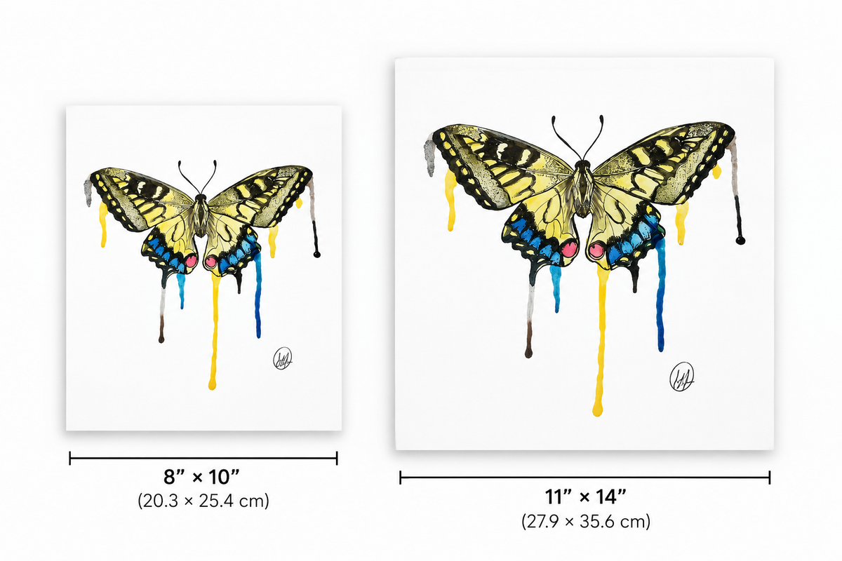 Two butterfly art prints shown side by side with size labels: an 8 x 10 inch version and an 11 x 14 inch version. The prints feature a yellow-and-black butterfly with blue, pink, and yellow paint-drip details on a white background.