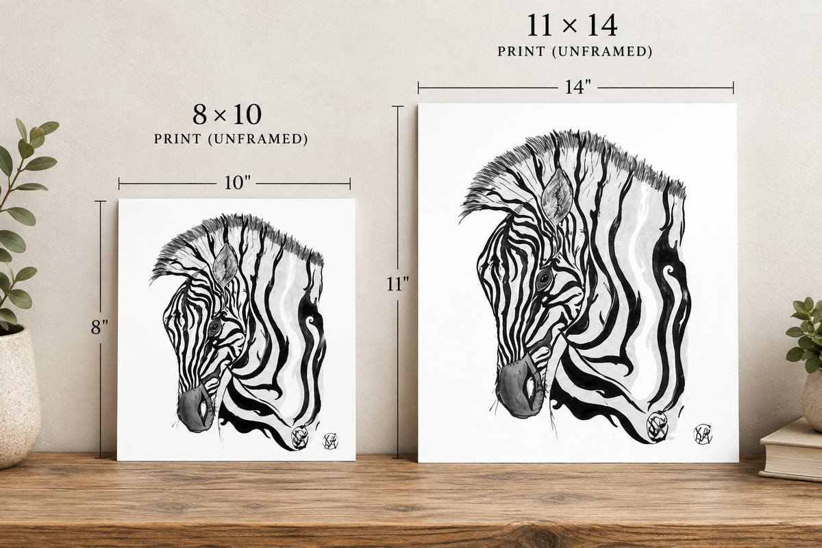 Wild at Heart zebra fine art print by Art by Kikajo, featuring a detailed matte portrait of a zebra on textured paper.