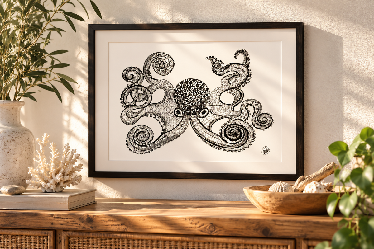 A framed black and white octopus art print displayed on a light beige wall above a wooden console table, styled with plants, a vase, and a bowl.