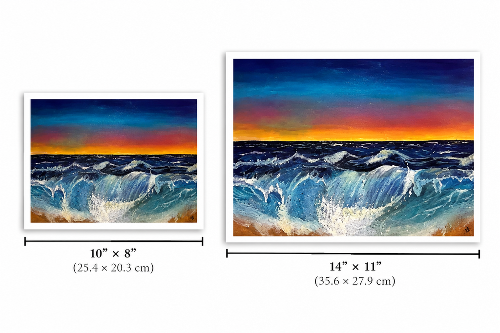 Two framed wall art prints showing ocean waves at sunset, with size labels below each: a smaller 10 x 8 inch print and a larger 14 x 11 inch print.