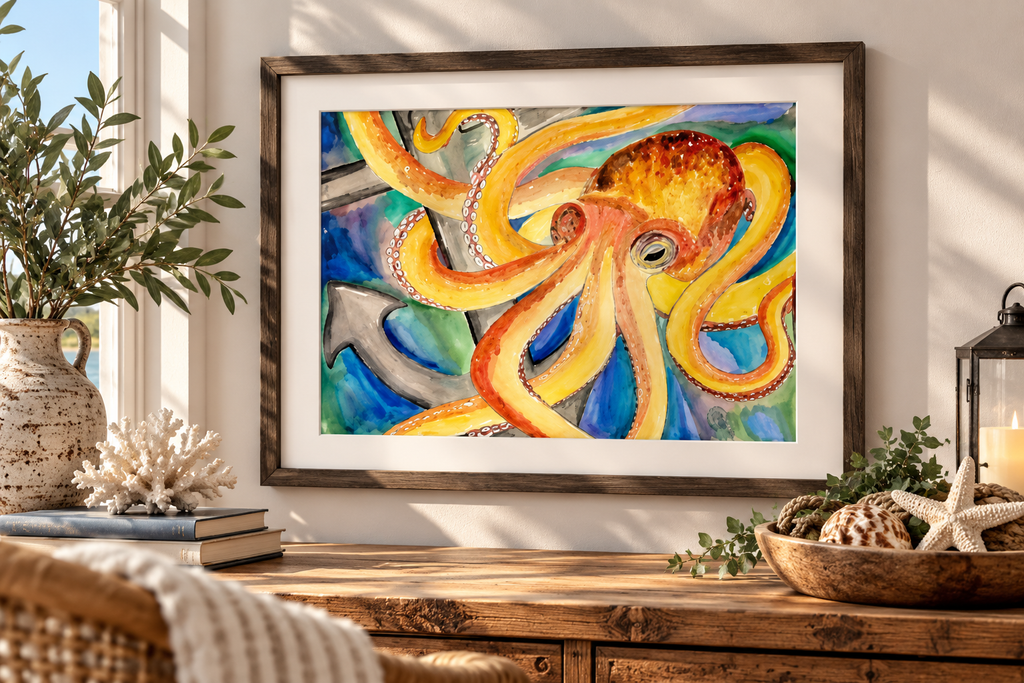 Framed wall art featuring a colorful painted octopus with yellow-orange tentacles over blue and green water, displayed on a wooden console in a styled room with plants, seashells, and a lantern.