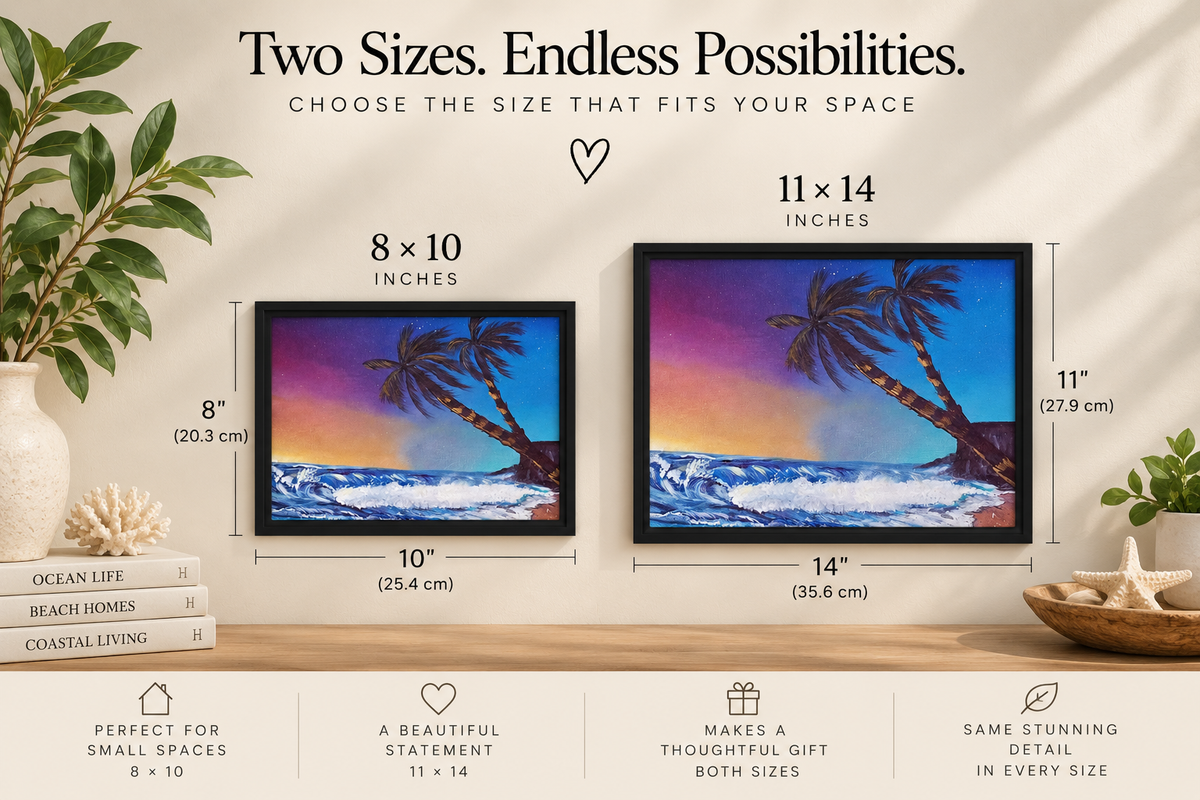 Framed canvas wall art titled "Colors of Dusk" featuring a tropical beach scene by Art by Kikajo.
