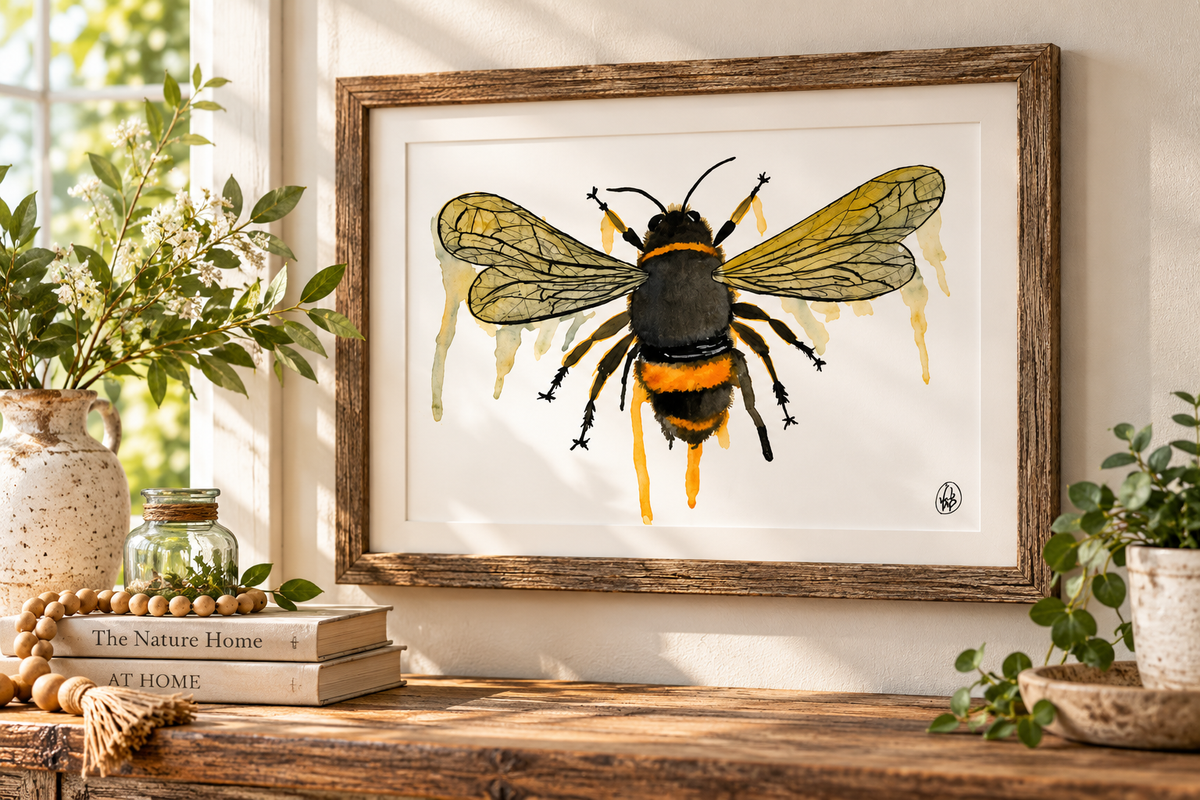 Framed wall art featuring a painted bumblebee on a white background, displayed in a rustic wood frame on a shelf in a styled home interior with plants and books.