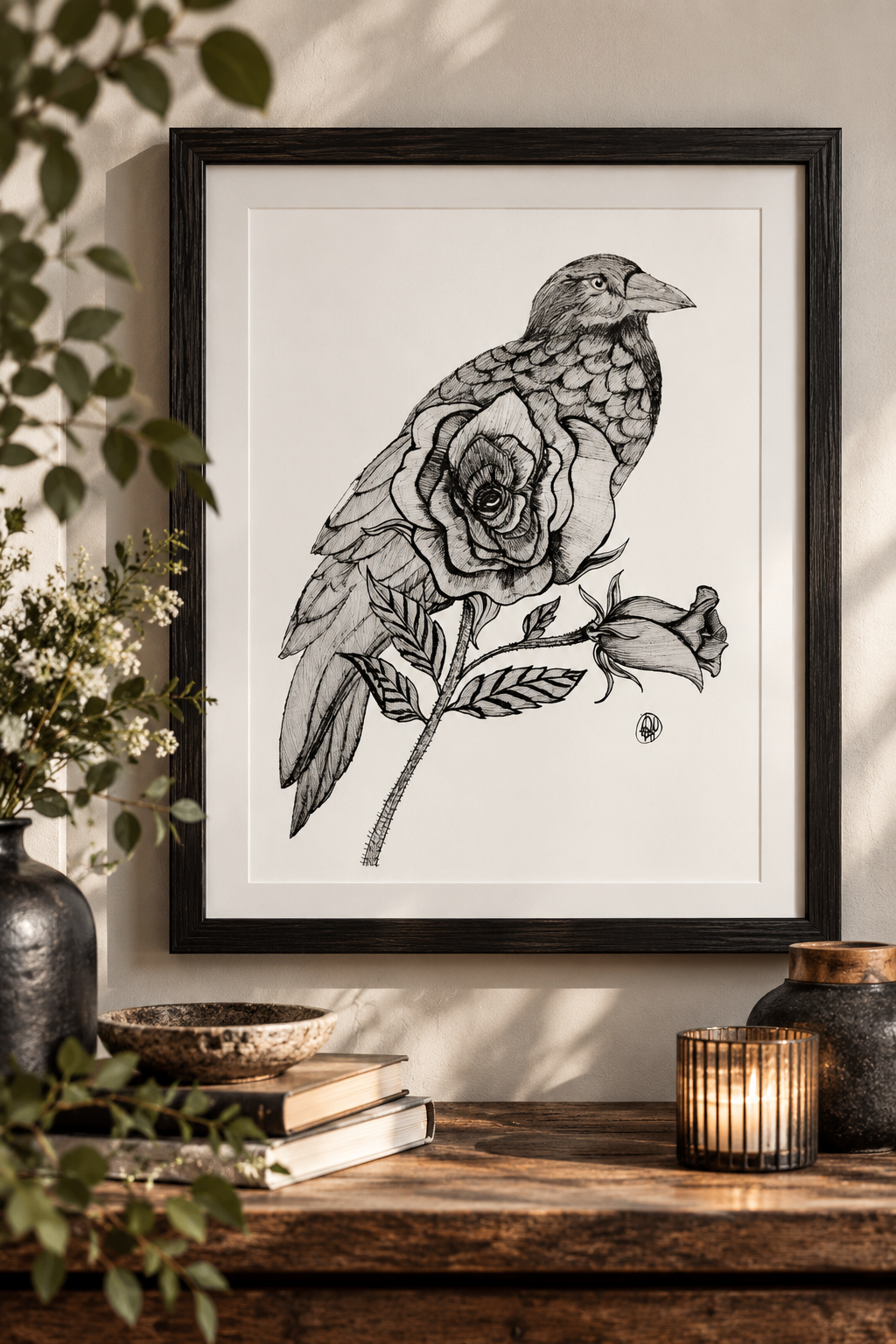 A framed black and white art print of a raven perched on a rose, displayed on a rustic wooden table with books, a candle, and decorative plants.
