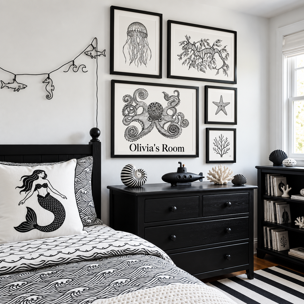A styled children's bedroom featuring a gallery wall of black and white nautical art prints above a black wooden dresser. The prints include a jellyfish, sea plants, a starfish, a coral reef, and an octopus with the text 'Olivia's Room'.