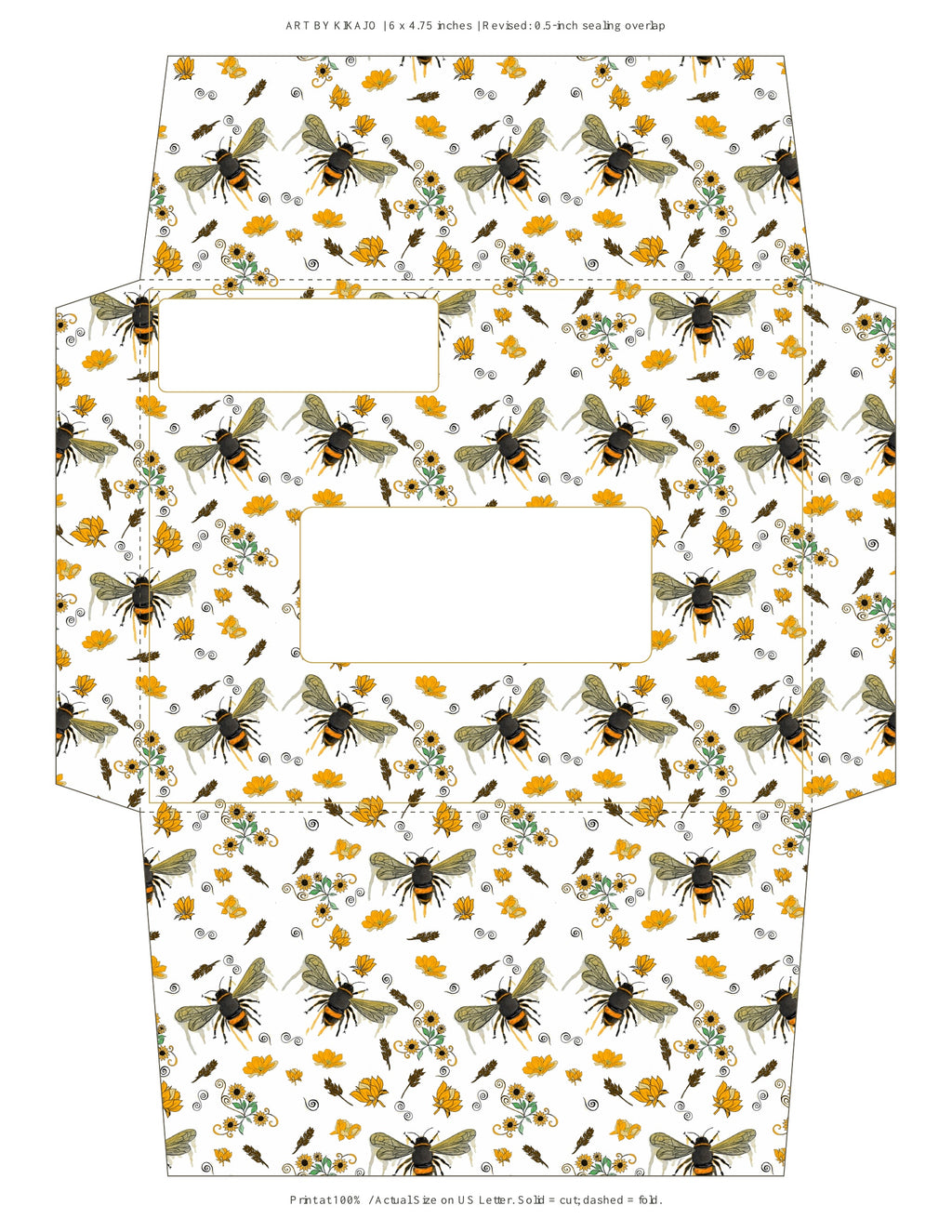 A flat printed template sheet showing a repeating pattern of bees, bumblebees, and small yellow flowers on a white background, with cut-out window shapes and fold lines for packaging.