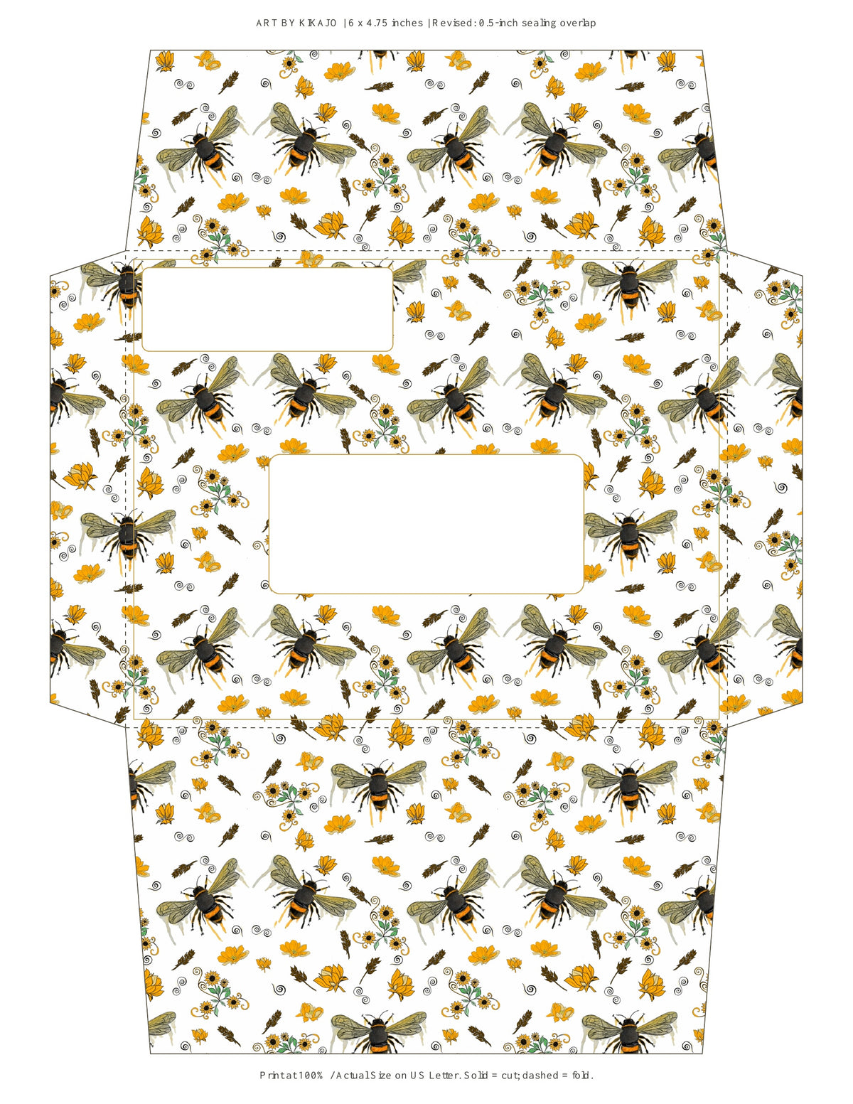 A flat printed template sheet showing a repeating pattern of bees, bumblebees, and small yellow flowers on a white background, with cut-out window shapes and fold lines for packaging.