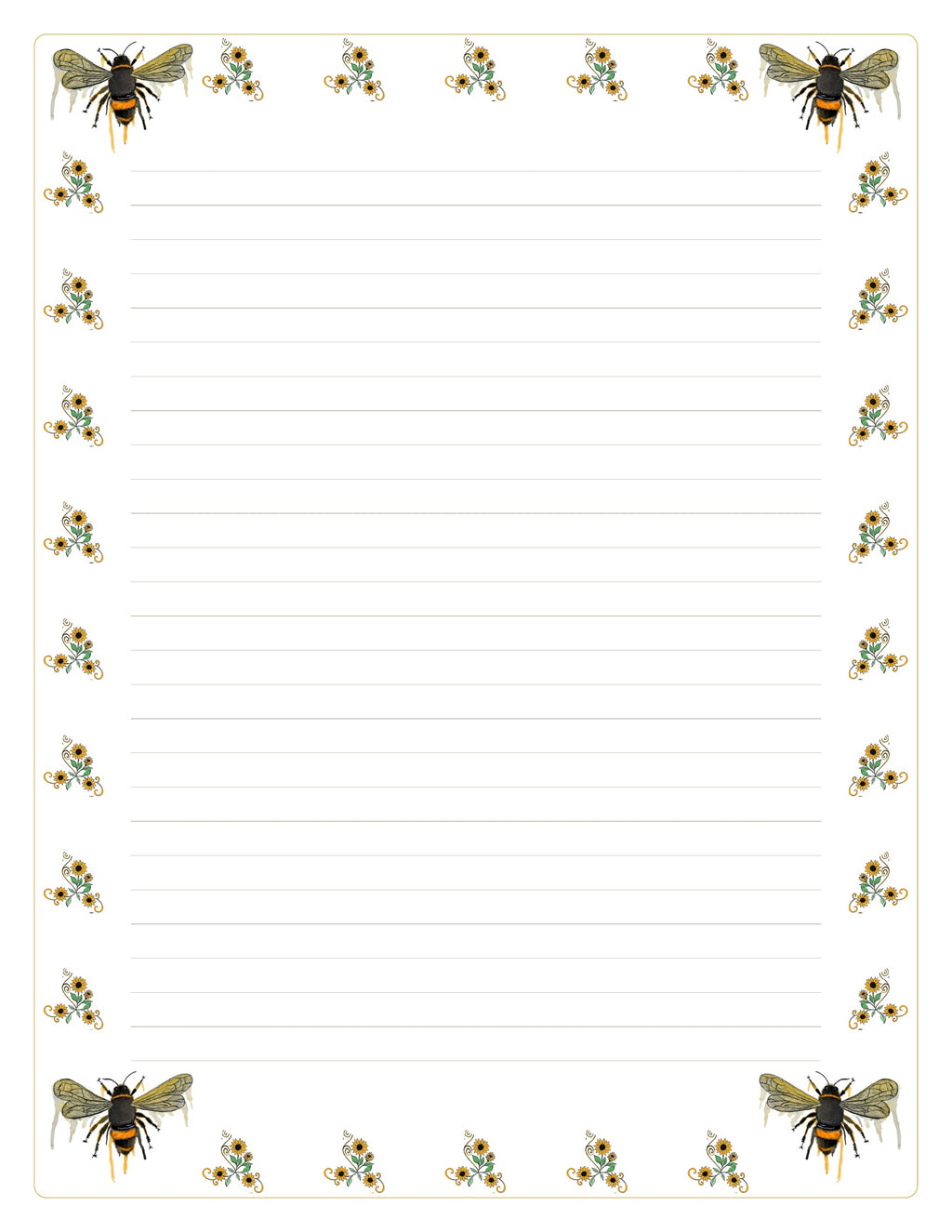 A lined writing pad or notepad with a decorative border of illustrated bees and small floral motifs around the edges on a white background.