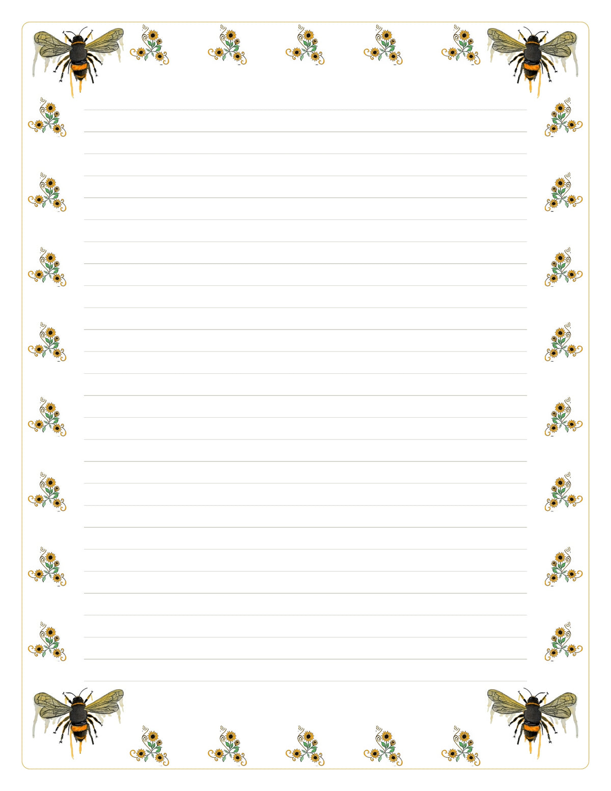 A lined writing pad or notepad with a decorative border of illustrated bees and small floral motifs around the edges on a white background.