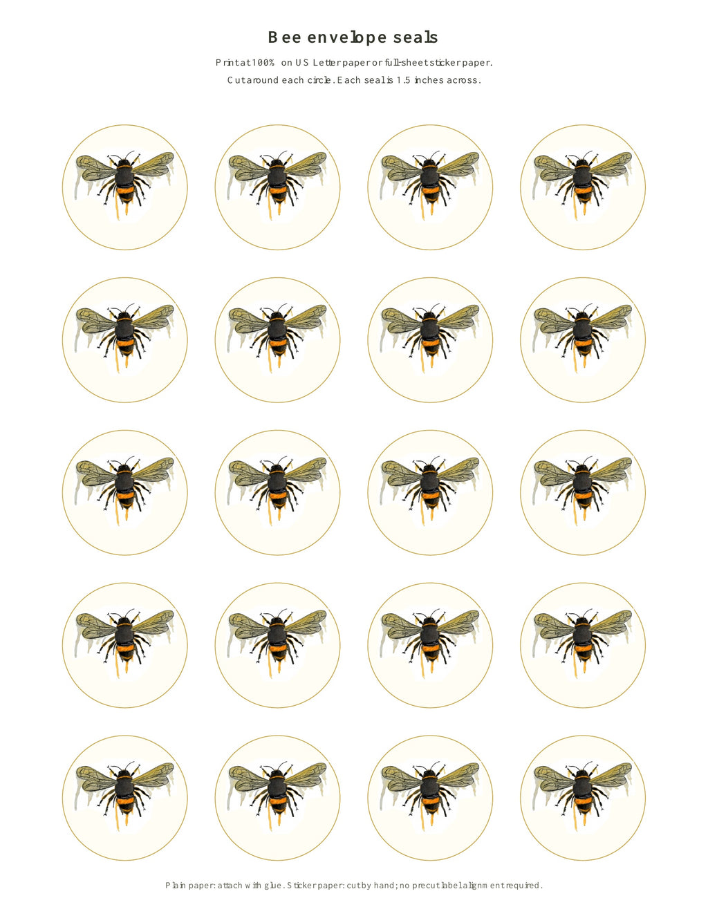 A printed sheet featuring 20 identical oval stickers or decals, each containing a detailed illustration of a bee. The sheet has small printed text at the top and bottom describing the product.