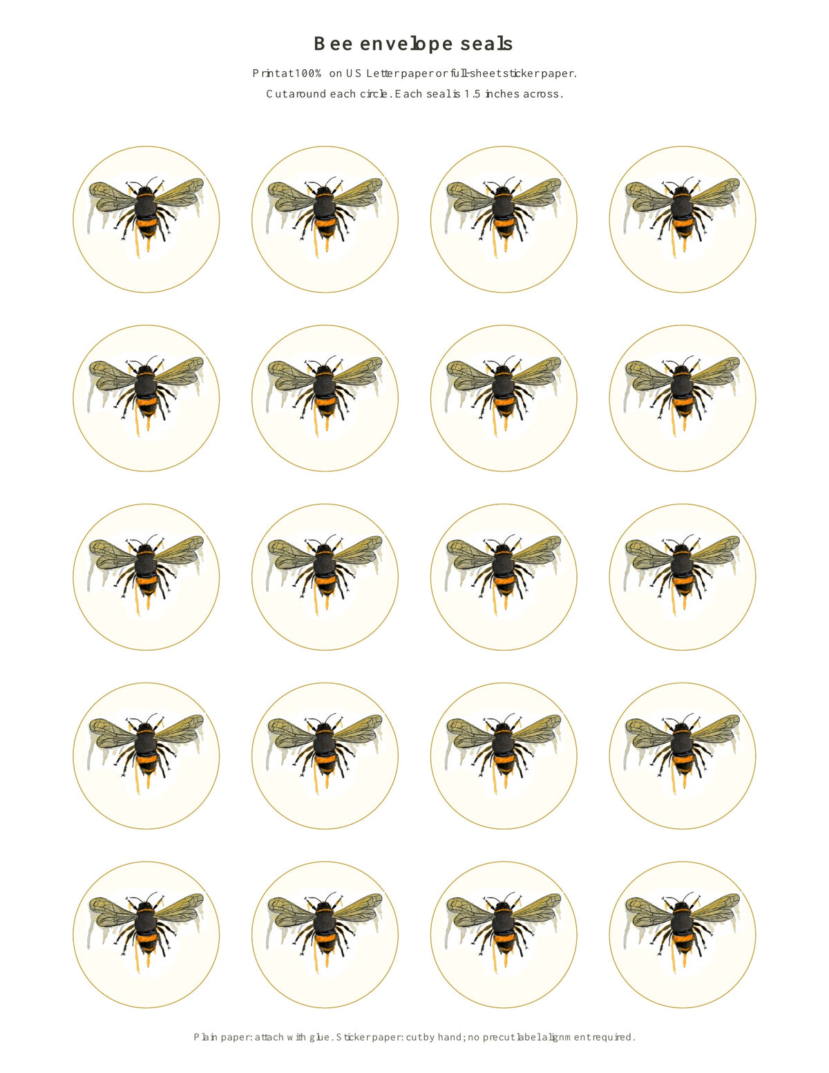 A printed sheet featuring 20 identical oval stickers or decals, each containing a detailed illustration of a bee. The sheet has small printed text at the top and bottom describing the product.