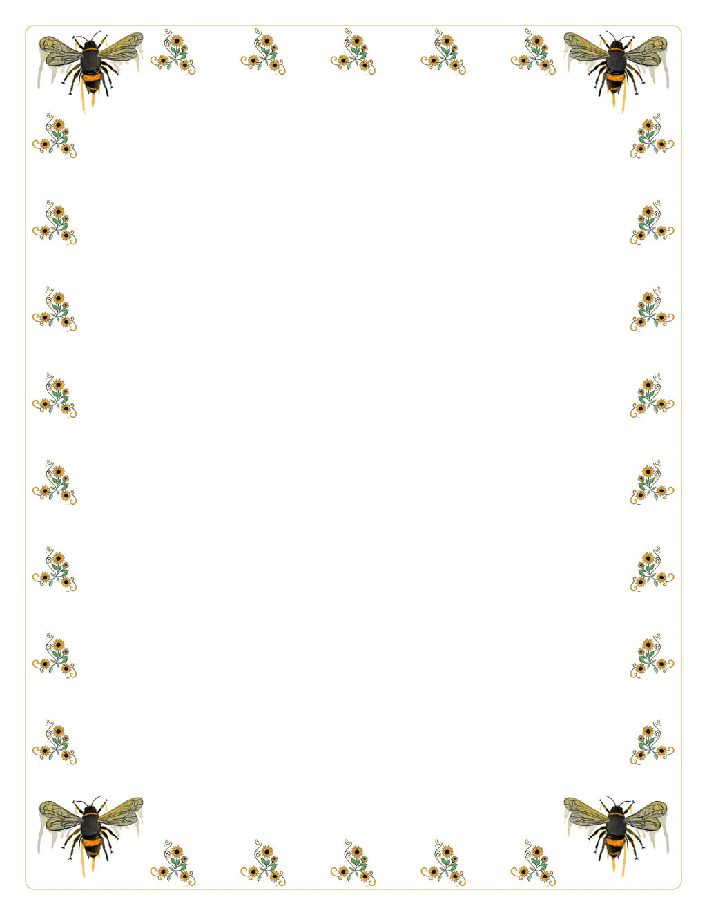 A decorative border design featuring bumblebees and small floral clusters arranged around a large blank white center, suitable as a paper pad cover or printable template.