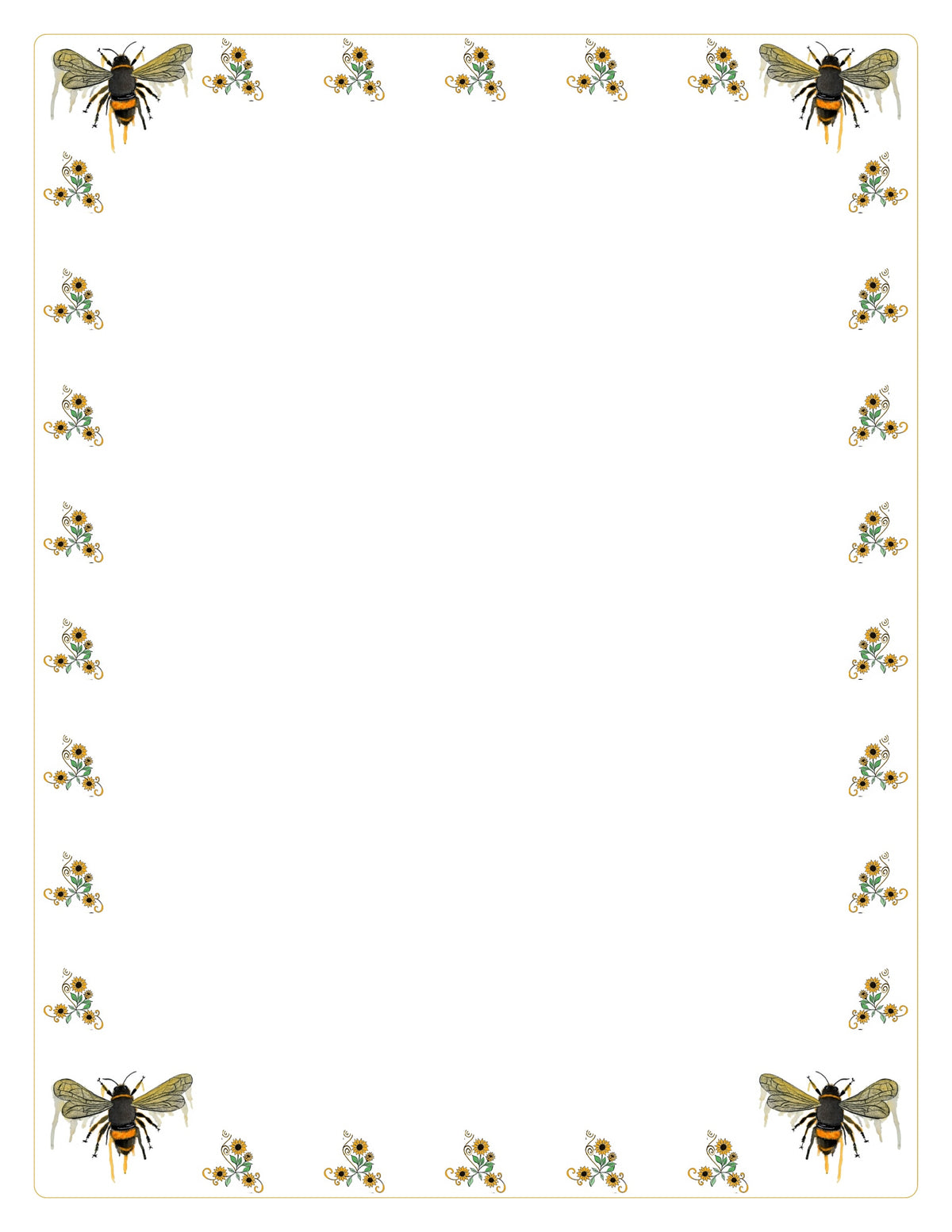 A decorative border design featuring bumblebees and small floral clusters arranged around a large blank white center, suitable as a paper pad cover or printable template.