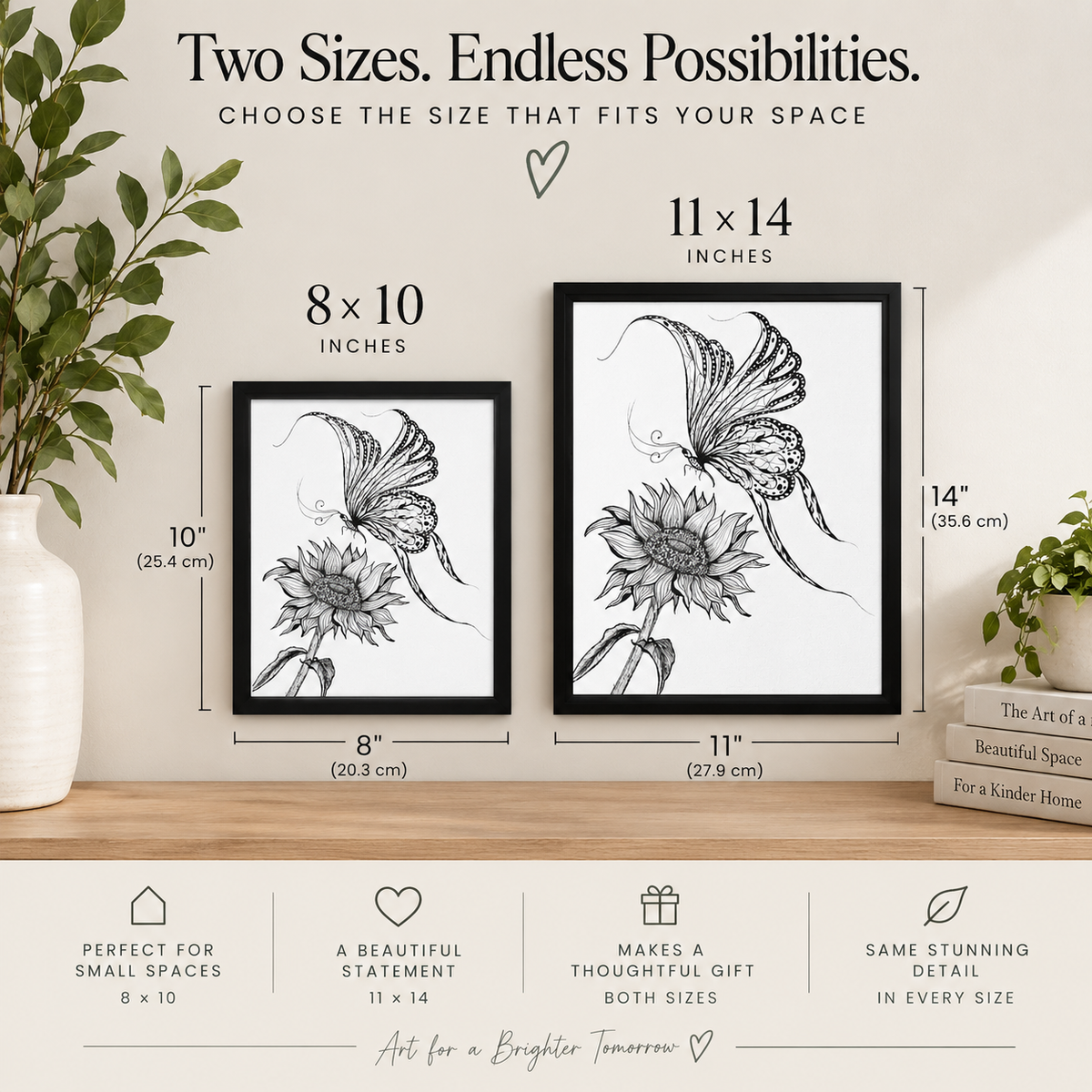 Framed canvas wall art featuring colorful butterfly and sunflower design by Art by Kikajo, perfect for nature-inspired home decor.
