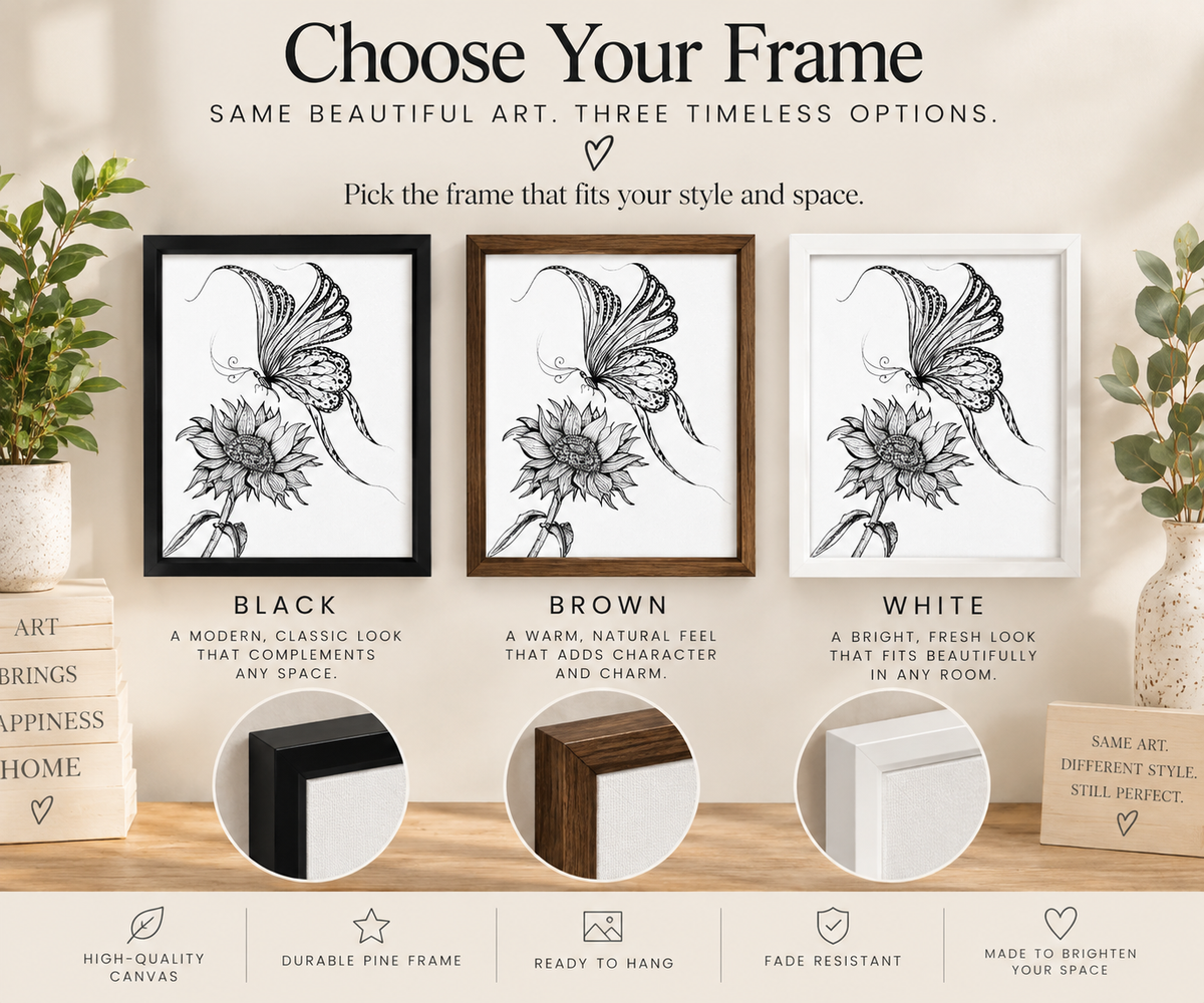 Framed canvas wall art featuring a butterfly and sunflower design by Art by Kikajo, showcasing vibrant colors and detailed artwork.