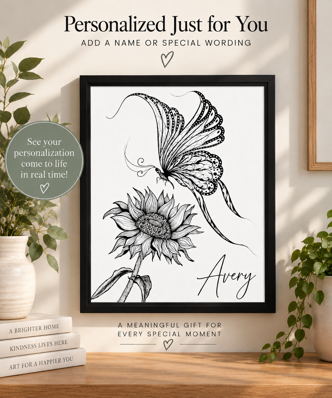 Personalized framed canvas wall art featuring colorful butterfly and sunflower design by Art by Kikajo
