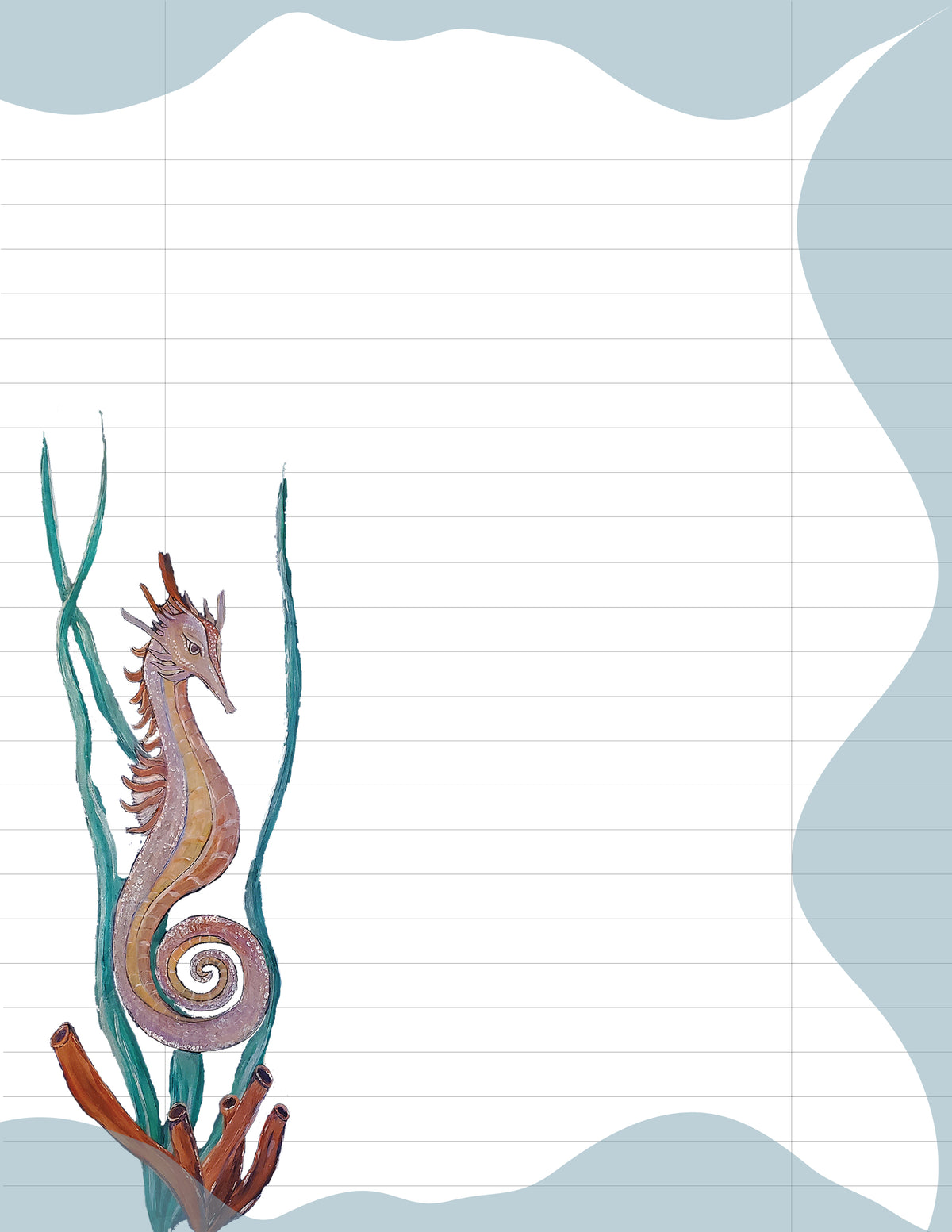 Printable Sea Horse Stationery – Lined Letter Writing Paper (Digital Download)