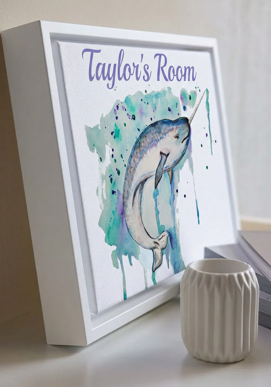 Personalized Narwhal Nursery Wall Art | Ocean Framed Canvas Decor