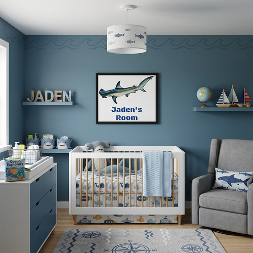 Personalized framed canvas wall art of a hammerhead shark nursery scene with fireflies, by Art by Kikajo for boys' rooms.