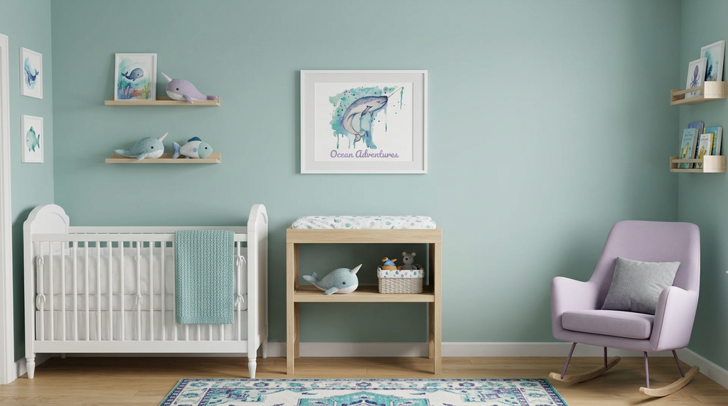 Personalized Narwhal Nursery Wall Art | Ocean Framed Canvas Decor
