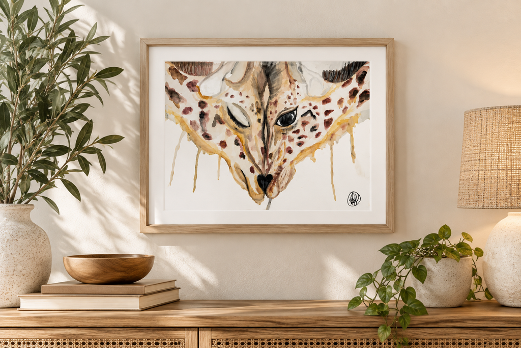 Inseparable watercolor giraffe fine art print displayed as wall art in a home interior.