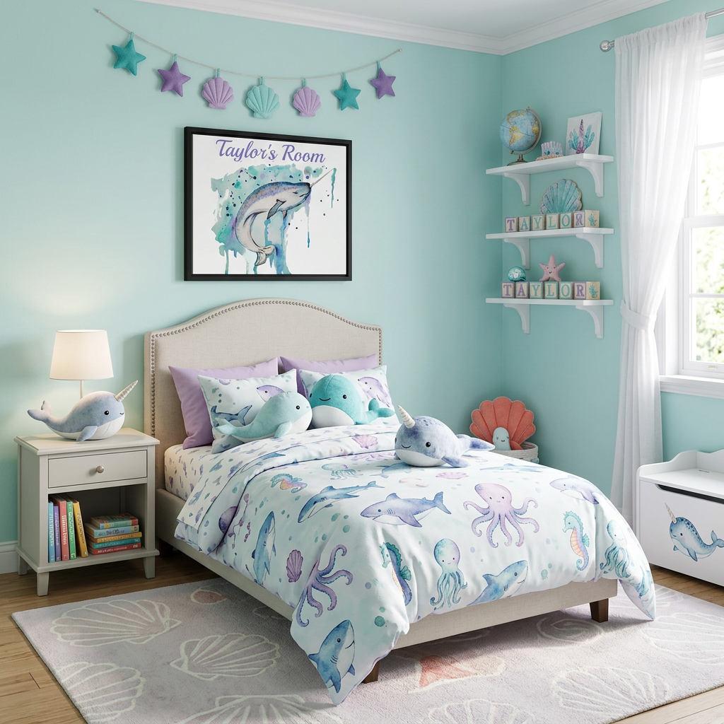Personalized Narwhal Nursery Wall Art | Ocean Framed Canvas Decor