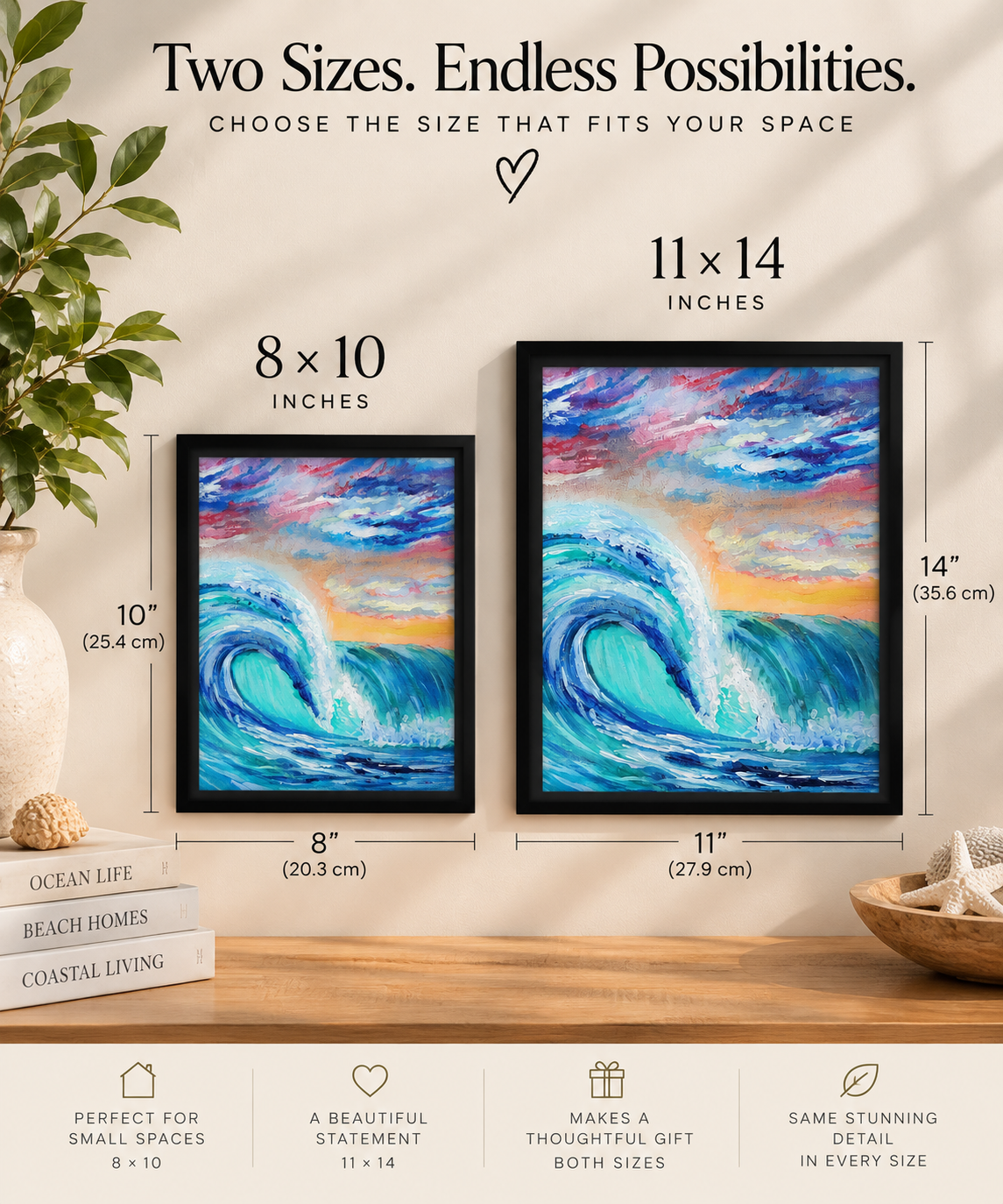 Framed canvas artwork titled Ocean Curls by Art by Kikajo, featuring vibrant ocean wave design in a stylish frame.