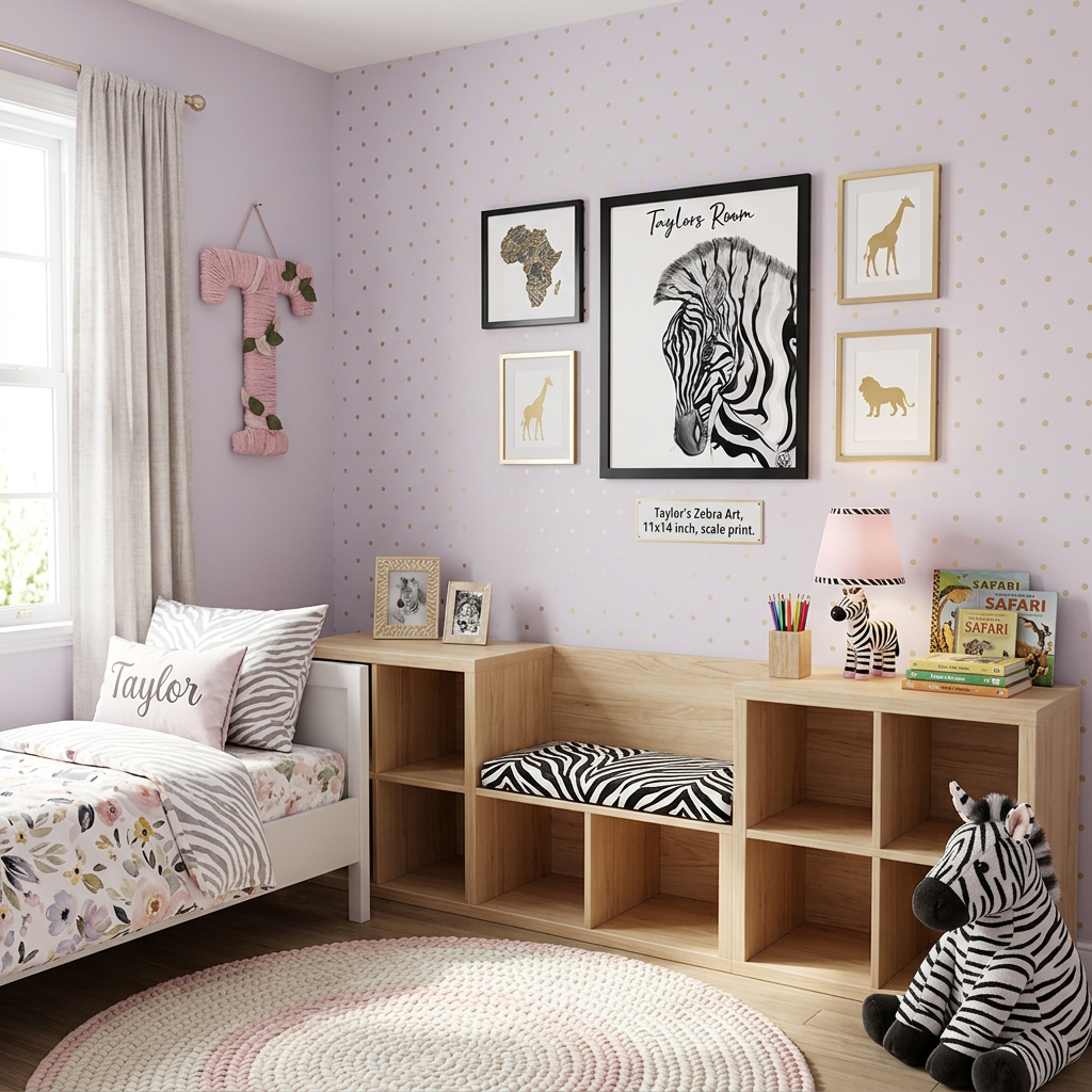 Personalized zebra nursery wall art on framed canvas by Art by Kikajo featuring a cute zebra design for a child's room.