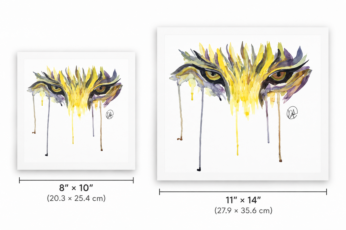 Matte fine art print titled "Tiger Eyes" by Art by Kikajo, featuring a detailed tiger eye illustration with vibrant colors.