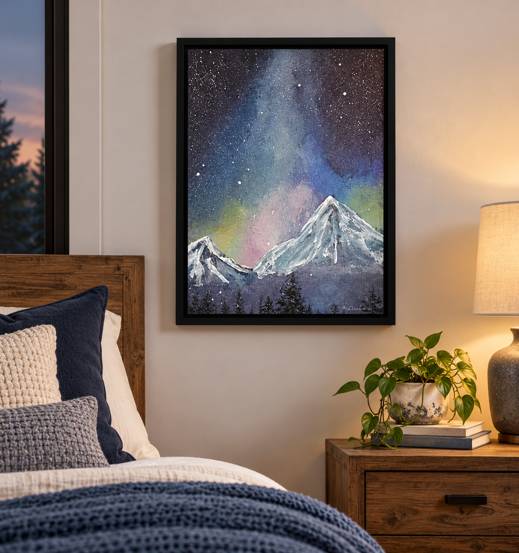 Framed canvas artwork titled "The Milky Way" by Art by Kikajo, featuring a cosmic galaxy scene in a sleek frame.