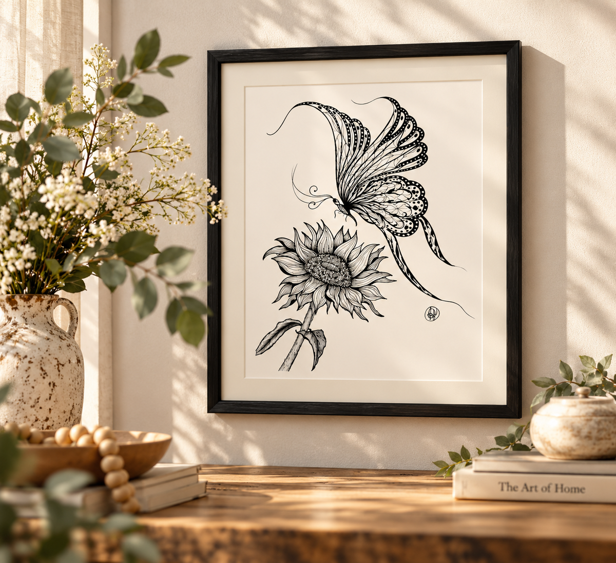 Fine art print of a butterfly and sunflower by Art by Kikajo, showcasing vibrant colors and detailed nature-inspired artwork.