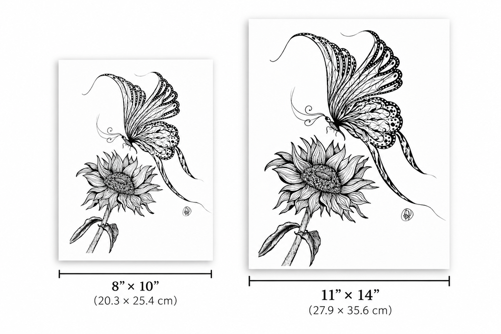 Two black-and-white botanical art prints shown side by side with dimensions labeled: one 8" x 10" and one 11" x 14". Each print features a detailed butterfly over a sunflower on a white background.