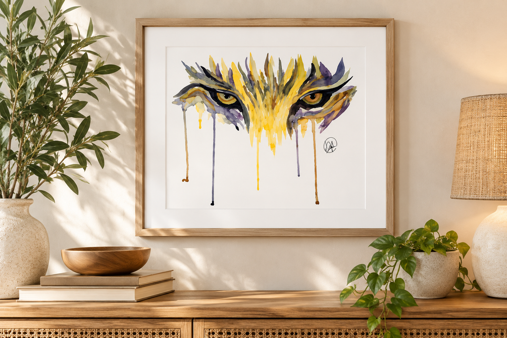 Matte fine art print titled "Tiger Eyes" by Art by Kikajo, featuring a detailed tiger eye illustration on high-quality paper.