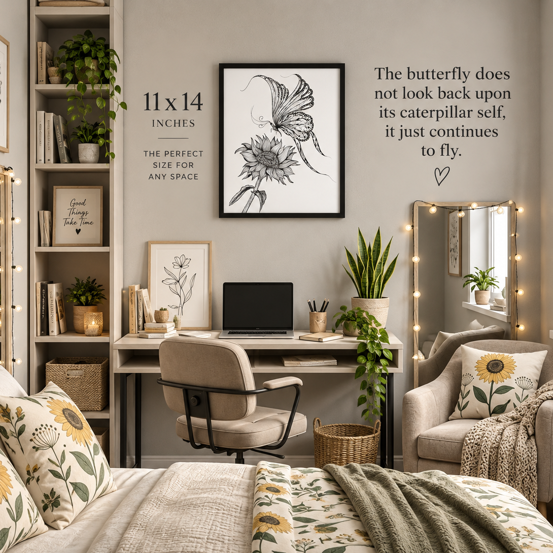 Personalized butterfly and sunflower wall art on framed canvas by Art by Kikajo, featuring vibrant floral and butterfly designs.