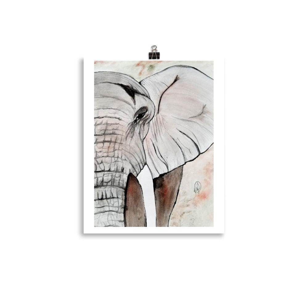 Gentle Giant elephant fine art print featuring expressive hand-drawn elephant artwork by Art by Kikajo.