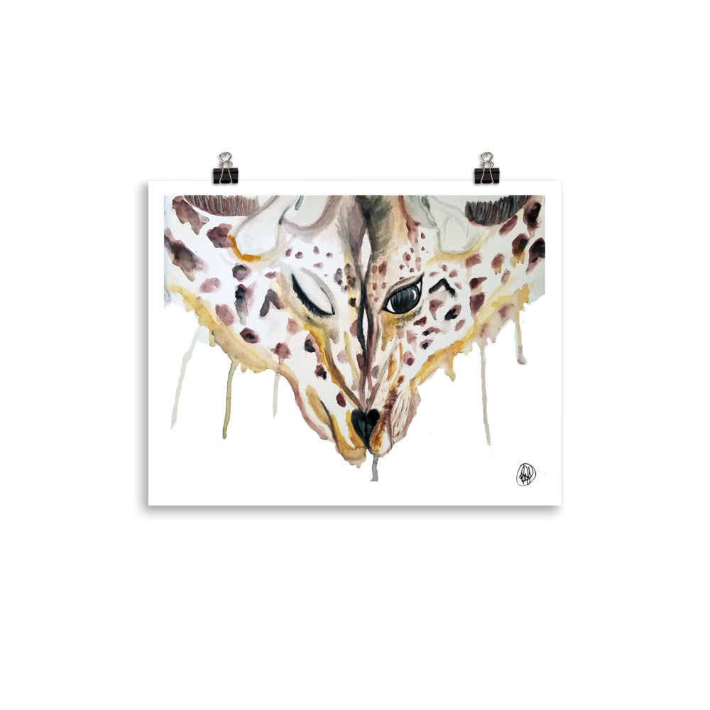 Inseparable giraffe fine art print featuring two watercolor giraffes touching, original artwork by Art by Kikajo.