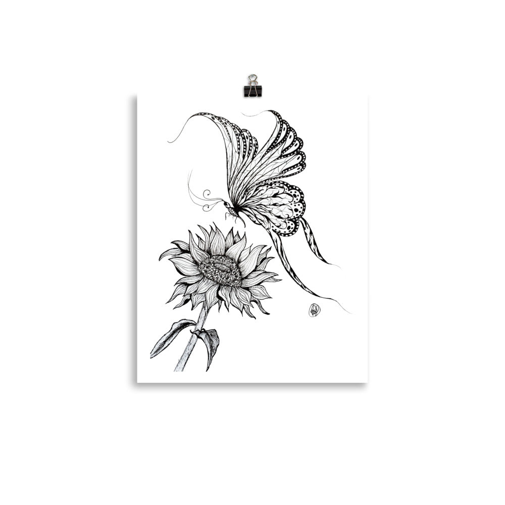 Original black and white Butterfly and Sunflower ink drawing featuring a detailed butterfly resting beside a sunflower, fine art print by Art by Kikajo.