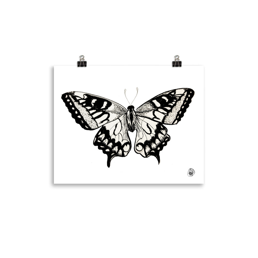 A black and white butterfly art print clipped at the top against a clean white background.