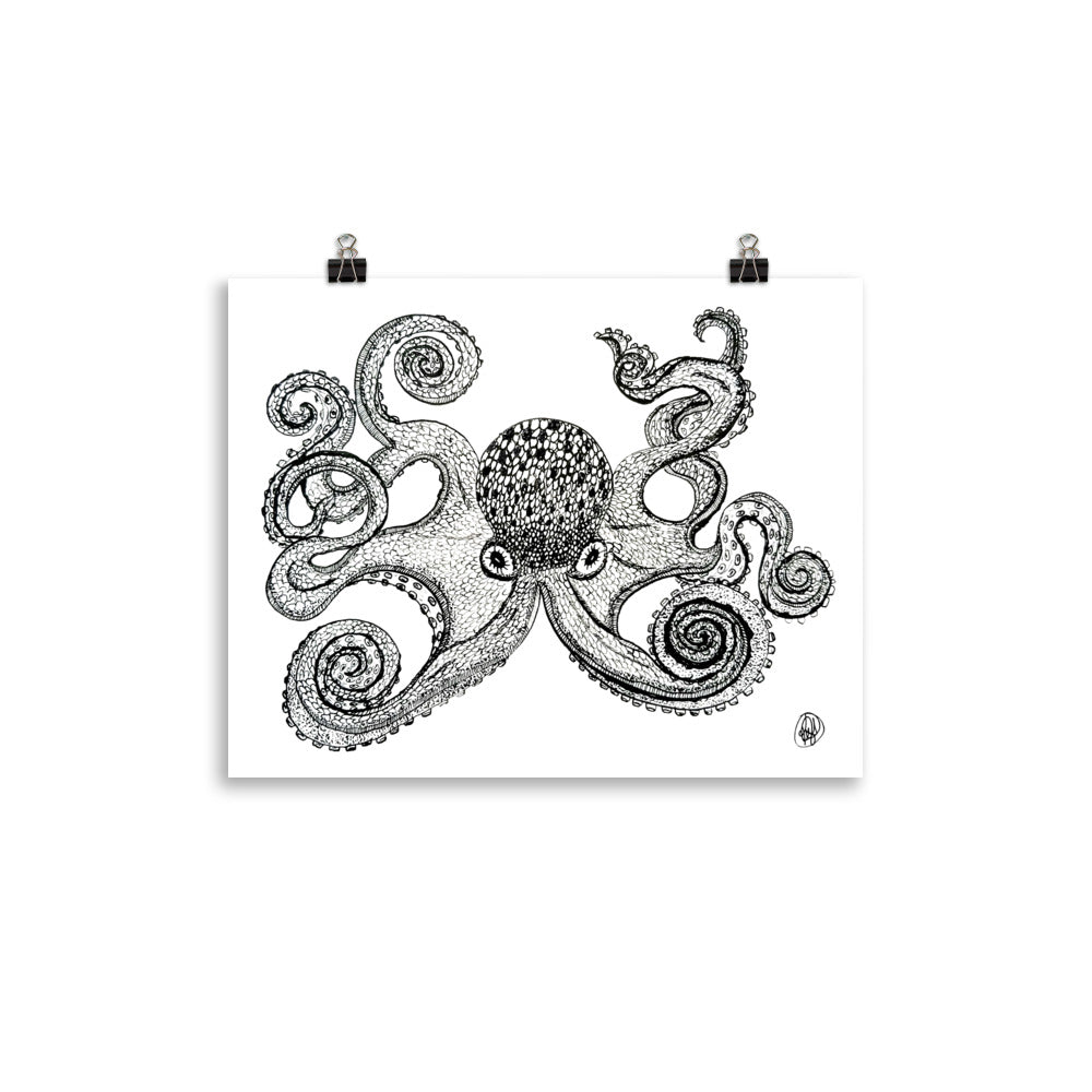 Inky octopus fine art print on matte paper by Art by Kikajo, featuring a detailed, artistic illustration of an octopus.